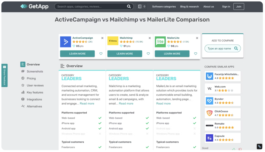 GetApp feature comparison
